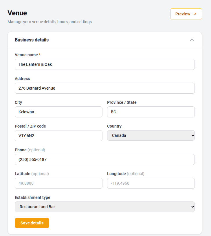 Business details form in Operator Admin showing venue name, address, and business information fields