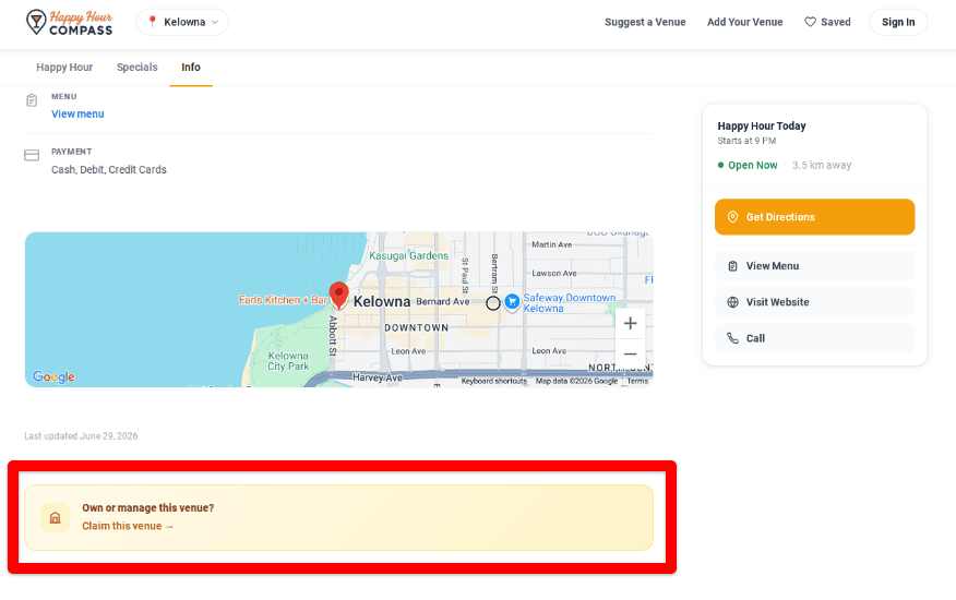 The bottom of a venue page, with the Claim this venue button highlighted