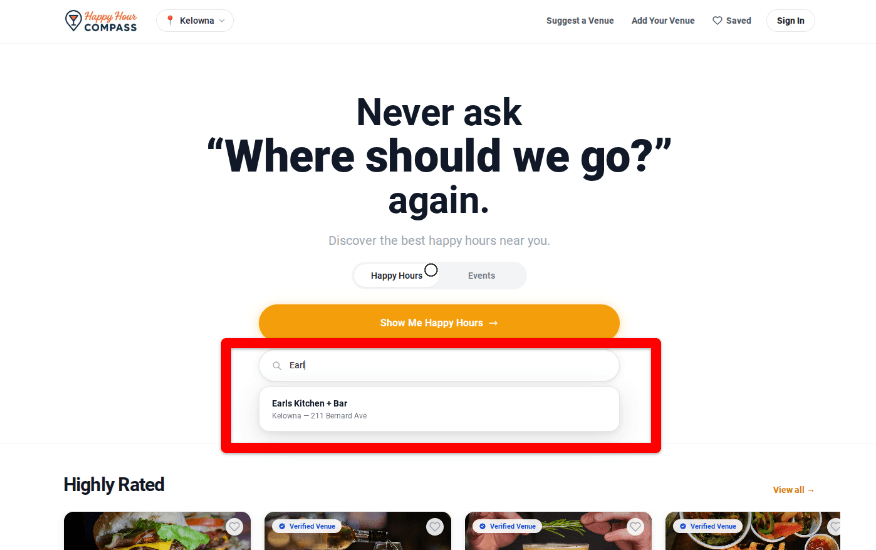 Searching for a venue by name on the Happy Hour Compass homepage and selecting it from the results